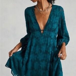 Anthropologie long sleeve teal floral plunge neck mini dress 14